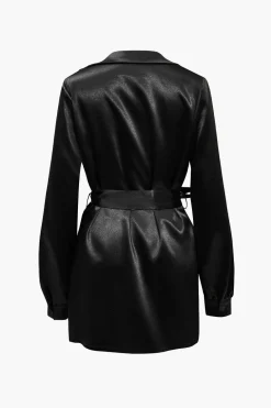 Solid Tie Front Draped Cowl Neck Belted Mini Dress