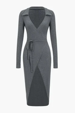 Solid Tie Front Long Sleeve Midi Dress