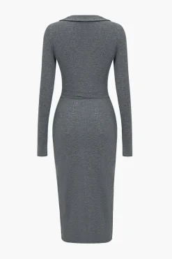 Solid Tie Front Long Sleeve Midi Dress