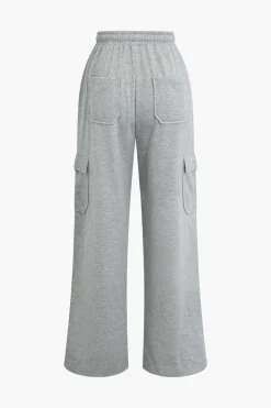 Solid Tie Front Shirred Waistband Pocket Drawstring Trousers