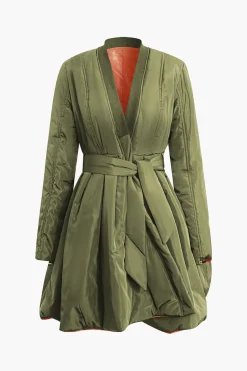 Solid Tie Front V-neck Puffer