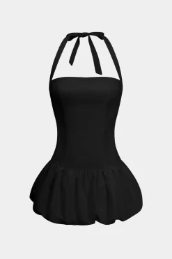 Solid Tie-Up Halter Neck Puff Mini Dress