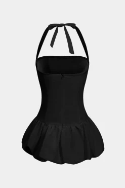 Solid Tie-Up Halter Neck Puff Mini Dress