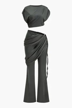 Solid Top And Asymmetrical Drawstring Flared Trouser Set