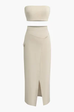Solid Tube Top And Wrap Split Midi Skirt Set