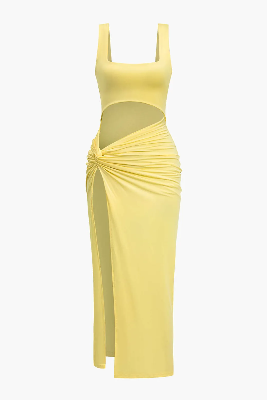 Solid Twist Front Cut Out Slit Midi Dress