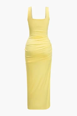 Solid Twist Front Cut Out Slit Midi Dress