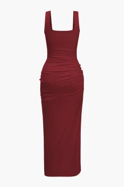 Solid Twist Front Cut Out Slit Midi Dress