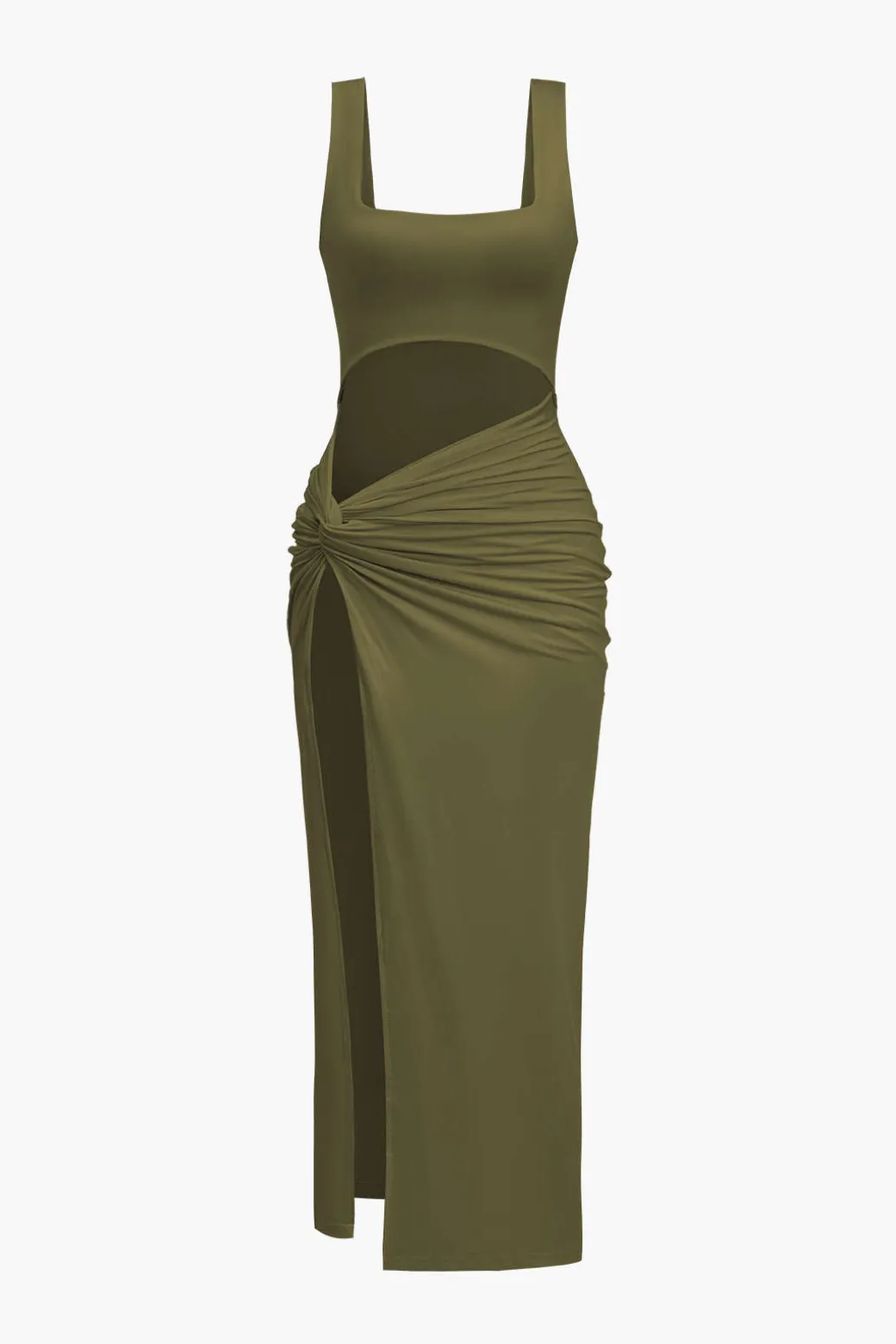 Solid Twist Front Cut Out Slit Midi Dress