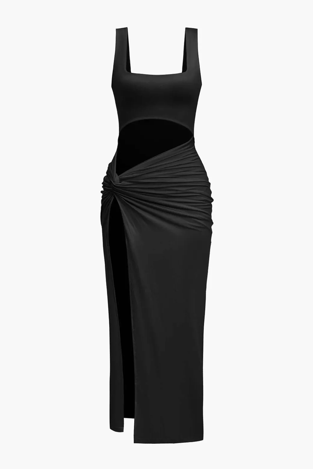 Solid Twist Front Cut Out Slit Midi Dress