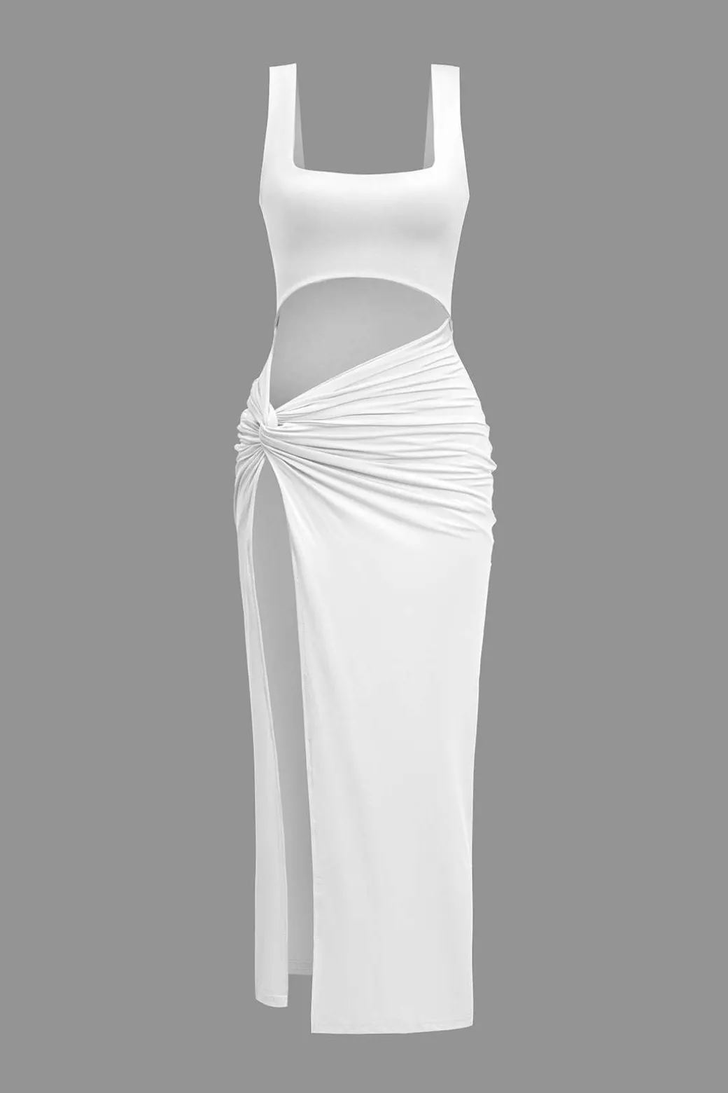 Solid Twist Front Cut Out Slit Midi Dress