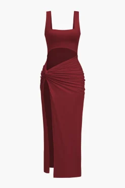Solid Twist Front Cut Out Slit Midi Dress