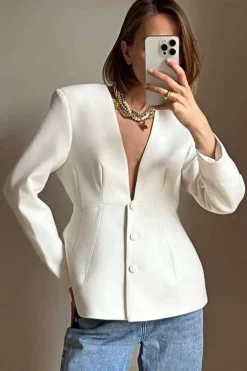 Solid V-neck Button Blazer