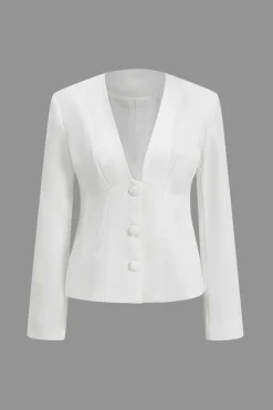 Solid V-neck Button Blazer