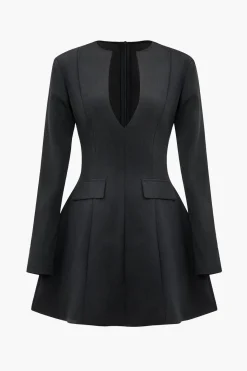 Solid V-neck Fake Pockets And Zipper Mini Dress