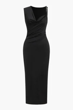 Solid V-Neck Irregular Midi Dress