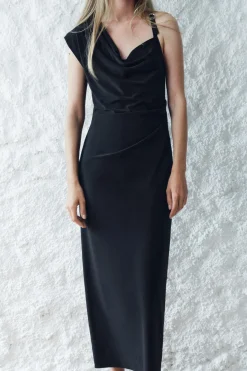 Solid V-Neck Irregular Midi Dress