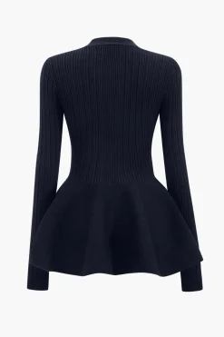 Solid V-neck Puff Hem Sweater Cardigan