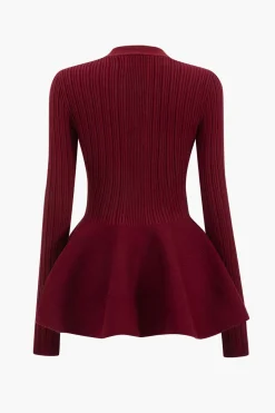 Solid V-neck Puff Hem Sweater Cardigan
