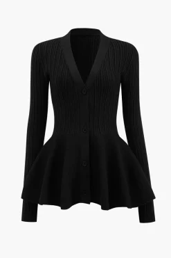 Solid V-neck Puff Hem Sweater Cardigan