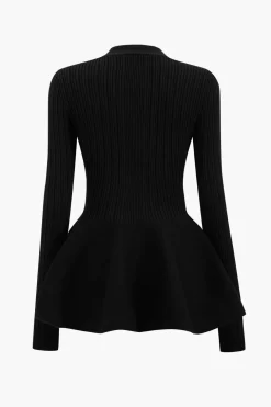Solid V-neck Puff Hem Sweater Cardigan