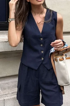 Solid V-neck Vest And Shorts Set