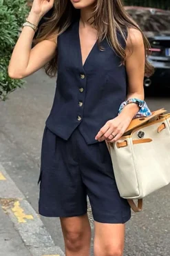 Solid V-neck Vest And Shorts Set