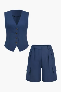 Solid V-neck Vest And Shorts Set