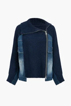 Solid Zipper Detail Patchwork Sweater Cardigan