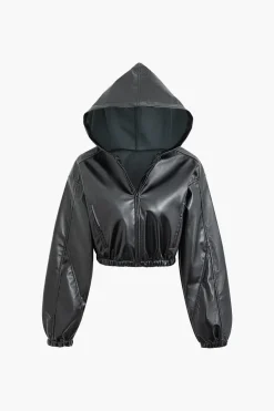 Solid Zipper Hooded Faux Leather Jacket