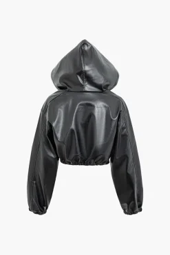 Solid Zipper Hooded Faux Leather Jacket