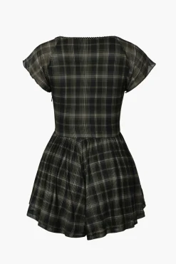 Square Neck Short Flutter Sleeve Checkered Vintage Playsuit