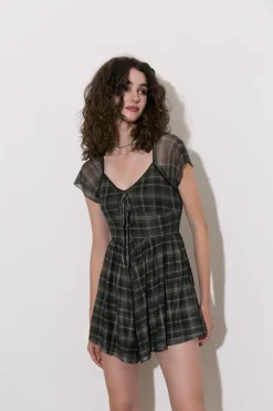 Square Neck Short Flutter Sleeve Checkered Vintage Playsuit