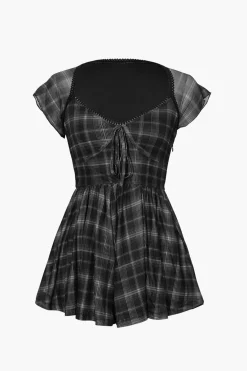 Square Neck Short Flutter Sleeve Checkered Vintage Playsuit