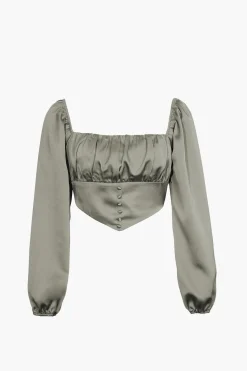 Square Neck V-hem Satin Long Sleeve Top