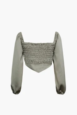 Square Neck V-hem Satin Long Sleeve Top