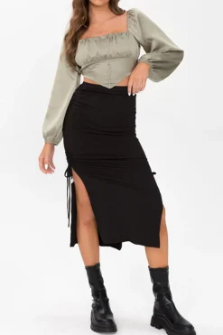 Square Neck V-hem Satin Long Sleeve Top