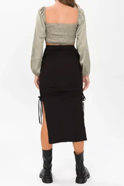 Square Neck V-hem Satin Long Sleeve Top