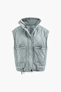 Stand Collar Drawstring Pocket Quilted Puffer Vest