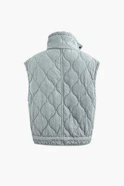 Stand Collar Drawstring Pocket Quilted Puffer Vest