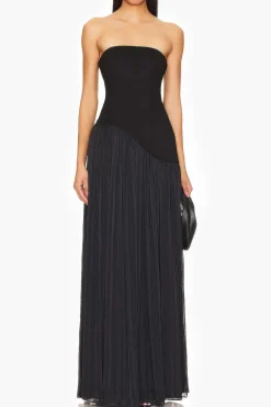 Strapless Patchwork Zipper Pleated Maxi Dress
