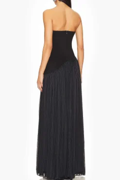 Strapless Patchwork Zipper Pleated Maxi Dress
