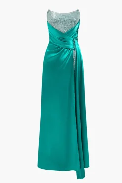 Strapless Sequin Slit Gown Maxi Dress