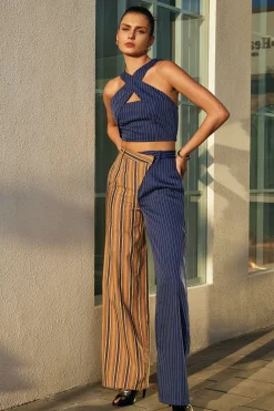 Stripe Asymmetrical Detail Color Block Print Trousers