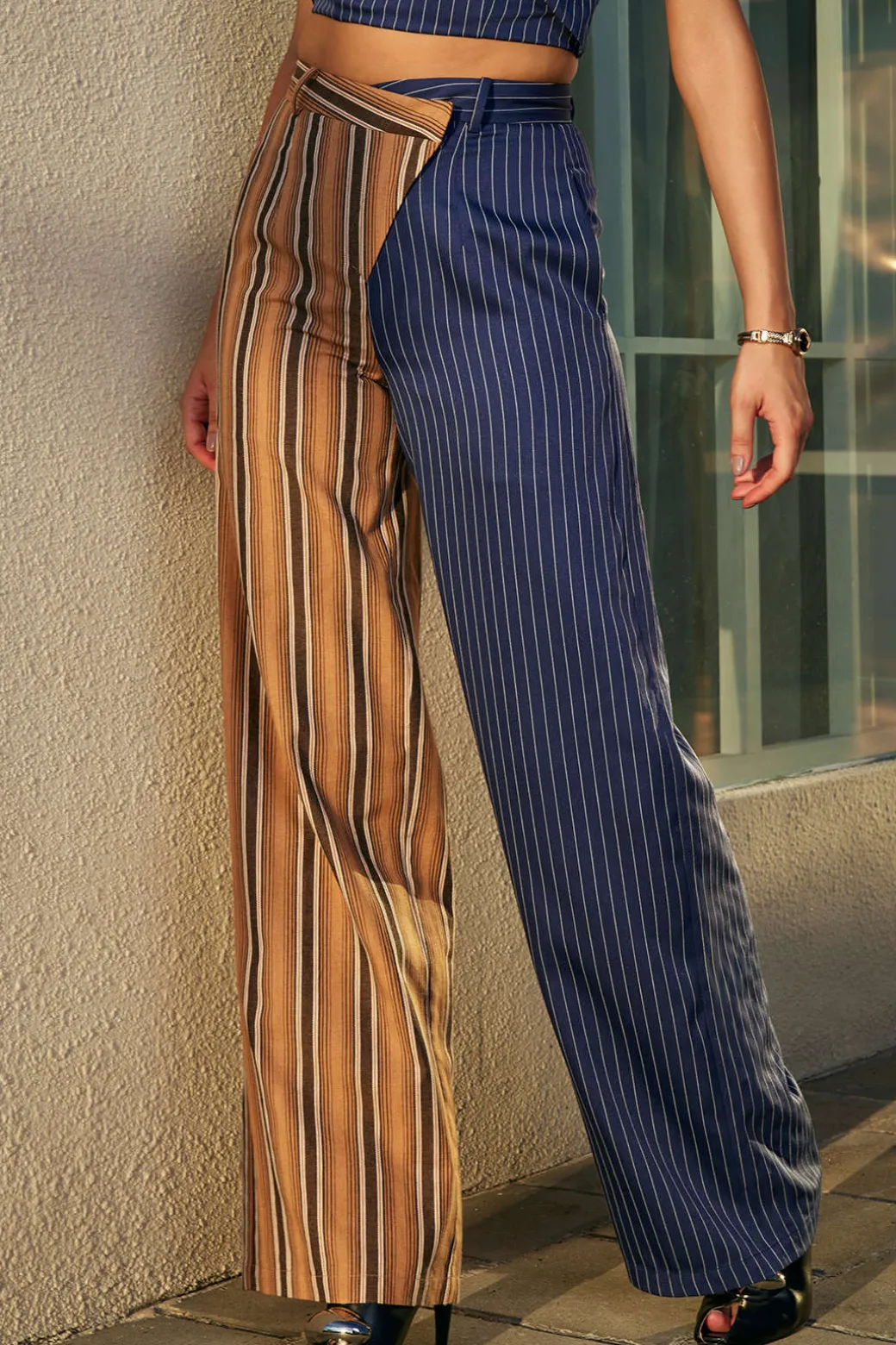 Stripe Asymmetrical Detail Color Block Print Trousers