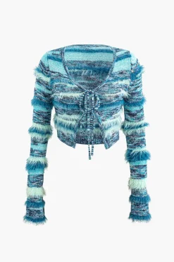 Stripe Feather Detail Tie Front Long Sleeve Knit Cardigan