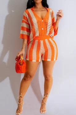 Stripe Knit Hollow Out Shorts Set