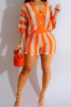 Stripe Knit Hollow Out Shorts Set