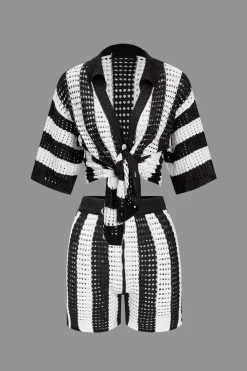 Stripe Knit Hollow Out Shorts Set