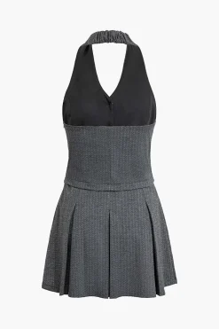 Stripe Print Backless Pleated Mini Dress